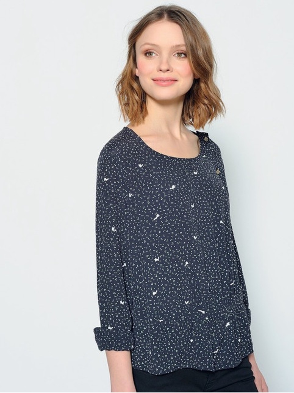 DES PETITS HAUTS Black Long Sleeve Peplum Button Top with White Micro Print